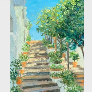 Paisagem urbana Pintura a óleo de rua da cidade Rua tranquila Beco Escadas Dia ensolarado Velha Benalmádena Espanha Arte original Presente para ela 10 x 8 polegadas Elena Boyko