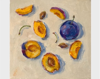 Plum still life oil painting Blue fruits Plums Artwork Original Art Gift Wall Decor for Kitchen birthday gift for her 50 8x8 inc Elena Boyko