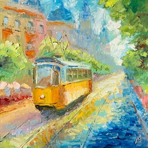 Tranvía de la ciudad Pintura al óleo Paisaje urbano Calle de la ciudad Día soleado Regalo para él Regalo para ella Arte original Pequeña obra de arte Italia 8x8 pulgadas Elena Boyko