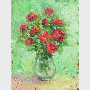 Pintura a óleo de peônias Buquê de peônias vermelhas Lindas flores Arte original Presente para ela Presente para a mãe Pequena obra de arte 6x8 polegadas Elena Boyko