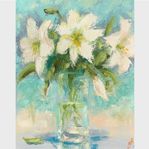 White Lily Oil Painting Still Life Perfect 75th birthday gift for women Gift for Mom Original Art Floral artwork 12x9 inc Canvas Elena Boyko