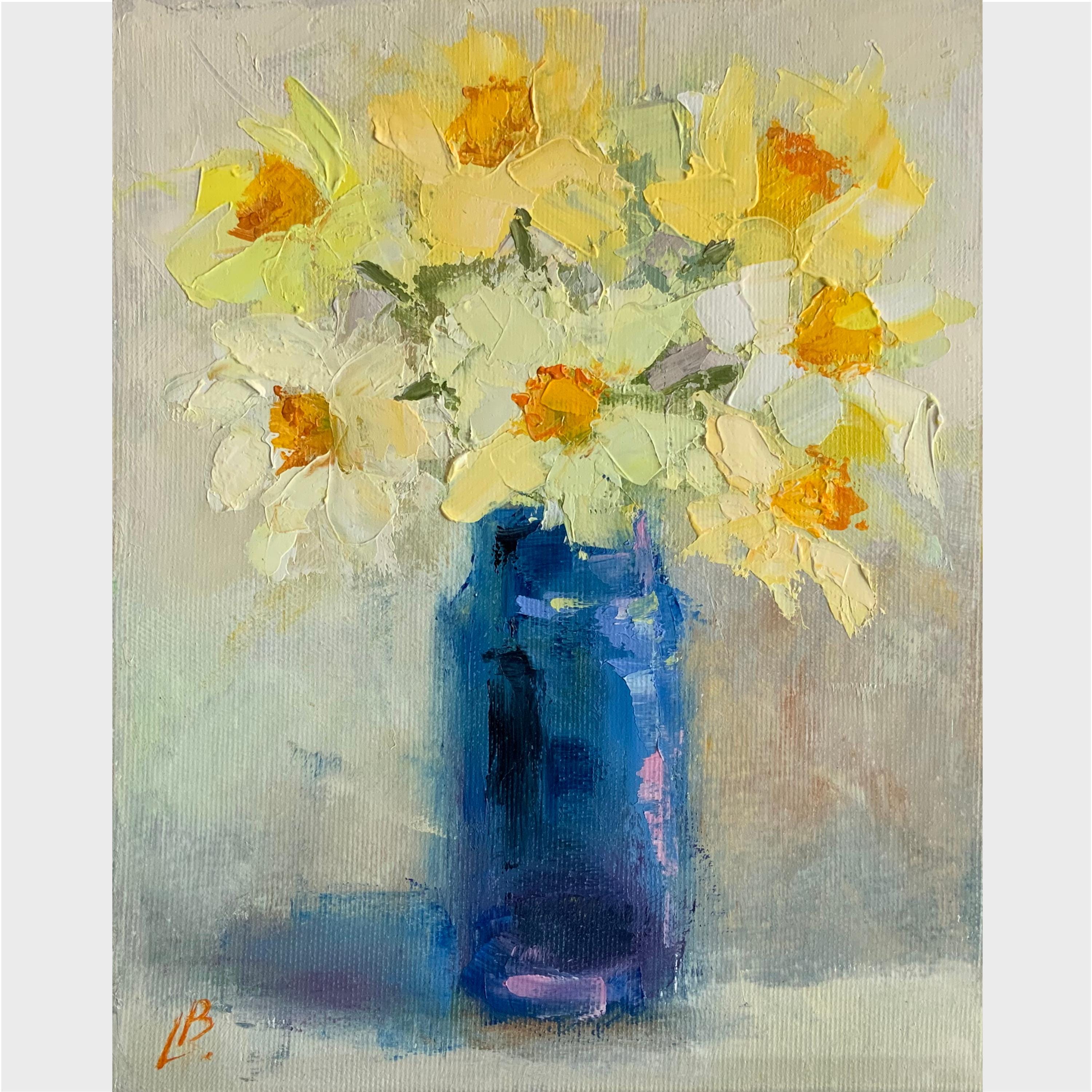 Daffodils oil painting Narcissus Yellow flower Spring flowers Original Art Miniature Gift for Women Small artwork Canvas 8x10 Elena Boyko