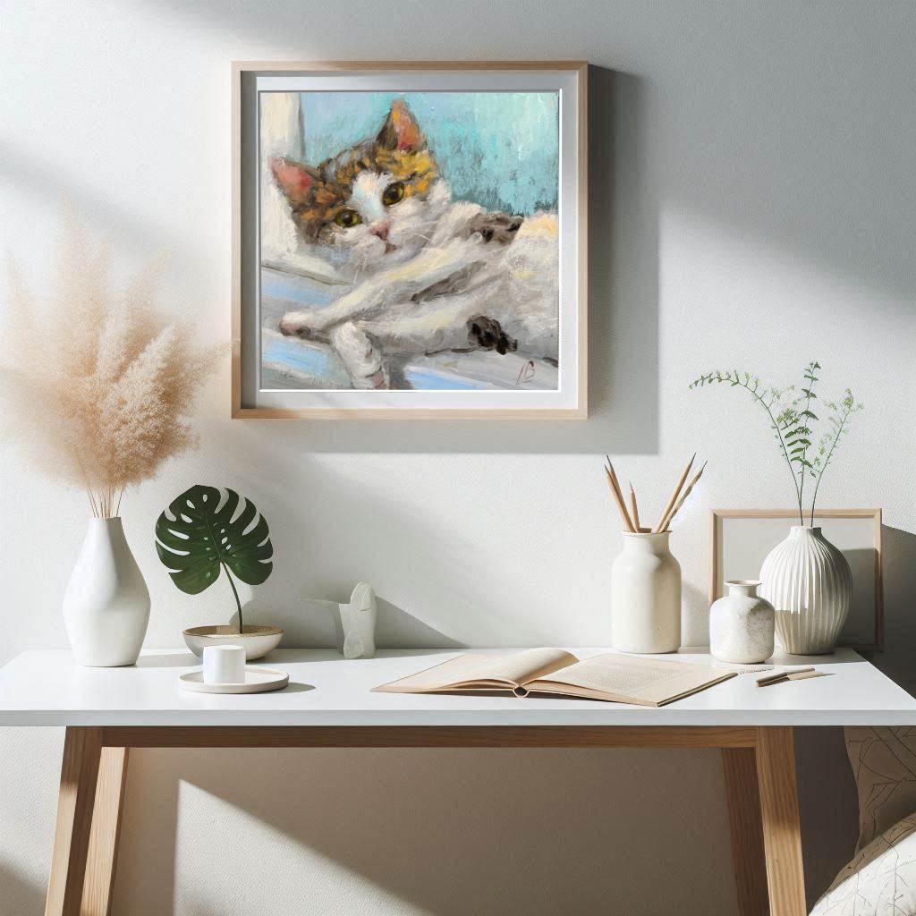 猫の油絵 かわいい白猫の肖像画 ペット動物 オリジナルアート 印象派