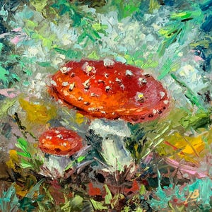 Pintura a óleo de cogumelo Agaric mosca vermelha Arte original Decoração de cozinha Pequena obra de arte Presente para Hir Presente para a mãe Impressionismo 8 x 8 polegadas Elena Boyko