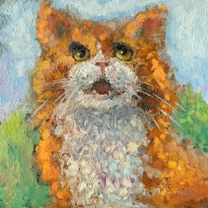 Peinture à l'huile de chat rouge Oeuvre d'art de chat lunatique Oeuvre d'art pour animaux de compagnie duveteuse Art original animalier cadeau pour elle Art unique visage de chat 20 x 20 cm Elena Boyko