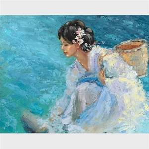 Mulher perto do rio pintura a óleo Paisagem com Bela Dama Presente para Hir Presente para Ele Presente para a Mãe Pequena Obra de Arte 10x8 inc Elena Boyko