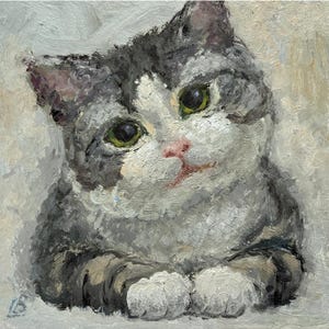 Peinture à l'huile portrait de chat chat gris doux bel animal de compagnie panneaux décoratifs art original cadeau décoration murale impressionnisme 8 x 8 Elena Boyko