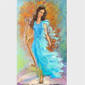 Mulher arqueira pintura a óleo Bela dama Amazon Girl Presente para Hir Presente para ele Presente para a mãe Pequena obra de arte 14x8 polegadas Elena Boyko