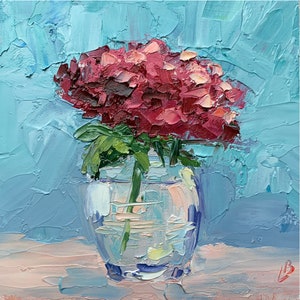 Red flower in a vase oil painting Original Art Miniature Gift for Mom Impasto Still life Small Artwork Impressionism 6x6 inc Elena Boyko