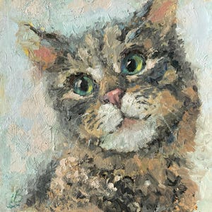 Pintura a óleo de gato, gato cinza surpreso, animal de estimação, retrato de gato, arte original, impressionismo, presente para ela, pequena obra de arte 8x8, Elena Boyko