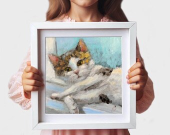 猫の油絵 かわいい白猫の肖像画 ペット動物 オリジナルアート 印象派