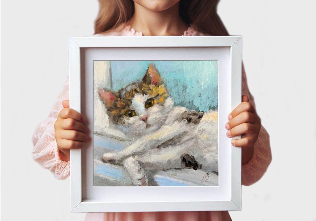 猫の油絵 かわいい白猫の肖像画 ペット動物 オリジナルアート 印象派
