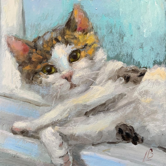 油絵 菅家令子絵 絵画インテリア額付(銀) F4-040214白猫の親子と女の子 猫の油絵 かわいい白猫の肖像画 ペット動物 オリジナルアート 印象派