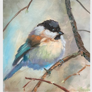 Pájaro azul pintura al óleo Carbonero Hermosa mascota Animal salvaje Paisaje primaveral Arte original Pequeña obra de arte Regalo para ella 8x8 inc Elena Boyko