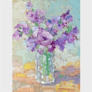 Pintura a óleo de gladíolos Lilás Lindo buquê de flores Arte original Presente para ela Presente para a mãe Pequena obra de arte Impressionismo 6 x 8 pol Elena Boyko