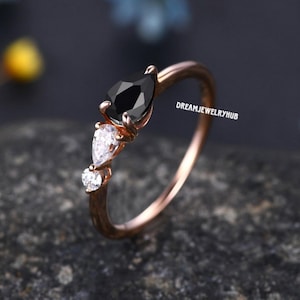 Pear Cut Black Onyx Engagement Ring,Art Deco Moissanite Wedding Band,3 Stone Unique Women Bridal Promise Ring Gift,Rose Gold