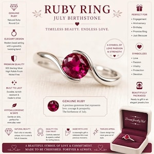 May include: A round-cut red ruby ring set in a polished 925 sterling silver band with a twisting design. The image includes text describing the ring as a July birthstone, a symbol of love, and features a matching ring inside a jewelry box.