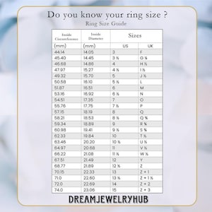 May include: A ring size guide chart with measurements in millimeters for inside circumference and inside diameter. The chart also lists corresponding US and UK ring sizes.