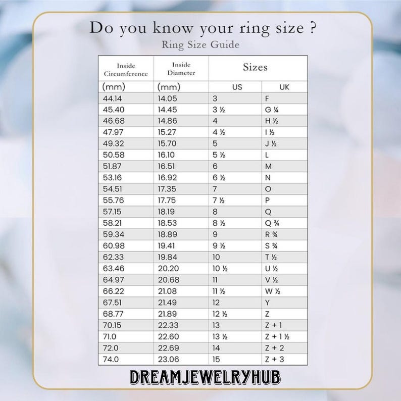 May include: A ring size guide chart with measurements in millimeters for inside circumference and inside diameter. The chart also lists corresponding US and UK ring sizes.