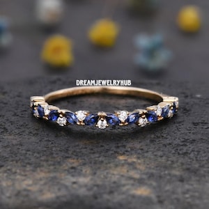 Solid Gold Sapphire Marquise Band Ring Blue Sapphire Half Eternity Ring Blue Gemstone Marquise Wedding Band Minimalist Ring