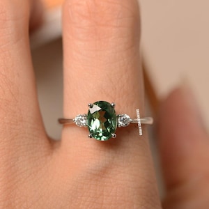 Wedding Green Amethyst Ring, Oval Gemstone Ring, Bridal Ring, Green Stone Ring, Sterling Silver