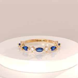 14k Gold Plated Sapphire Ring, Blue Sapphire Wedding Band, Minimalist Marquise Band Eternity Ring, Stacking Ring, Sapphire Band