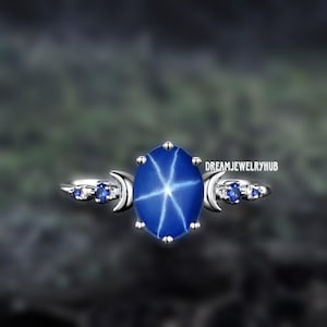 Oval Star Sapphire Ring Vintage Five Stone Sapphire Ring 14K Rose Gold Moon Unique Engagement Ring Women Blue Gemstone Anniversary Ring Gift