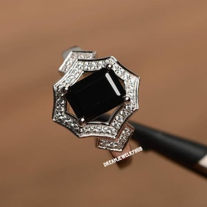 Bague en argent sterling avec spinelle noir naturel, cadeau d&#39;anniversaire, bague de mariage taille émeraude
