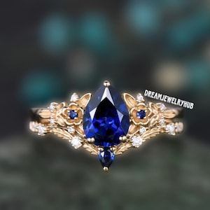 Vintage Pear Blue Sapphire Engagement Ring Set 14k Rose Gold Twig Leaf Floral Unique Cluster Diamond Bridal Wedding Ring Set Women Gift