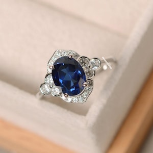 Engagement Sapphire Ring, Sterling Silver, Oval Cut, Anniversary Ring, Blue Gemstone September Birthstone Ring