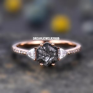 Hexagon Cut Black Rutilated Quartz Engagement Ring, Vingate Bridal Ring , Anniversary Wedding Ring Birthday Gift for Her