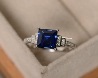 Vintage Ring Blue Sapphire, Square Cut, Sterling Silver, September Birthstone, Promise Ring for Her