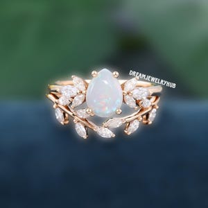 Pear Shaped Opal Engagement Ring Set Vintage Rose Gold Wedding Ring Marquise Cut Diamond  Wedding Set Bridal Dainty Ring Set