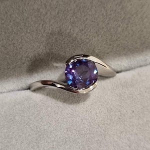 Round Cut Alexandrite Statement Ring Color Changing June Birthstone Sterling Silver Solitaire Ring