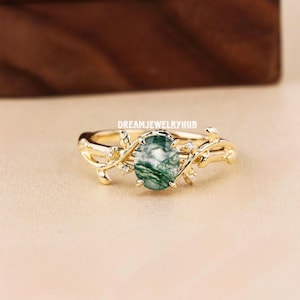 Moss Agate Engagement Ring Leaf and Engagement Ring Oval Cut Gold Ring Nature Inspired Alternative Gemstone Promise Ring For Her