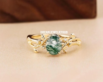 Vintage Oval Cut Moss Agate Engagement Ring Art Deco leaf Promise Ring Natural inspired Gold Plated Ring Unique Agate Ring Anniversary Gifts