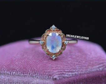 Rainbow Moonstone Engagement Ring in Rose Gold, Unique Rainbow Promise Ring in Cluster Setting, Moonstone Anniversary Ring