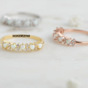 Dainty Opal Band, Opal Stacking Ring, White Opal and CZ Ring, Gold Opal Ring, Sterling Silver Opal Ring, Opal Wedding Band, Bridesmaid Gift