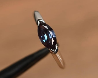 Marquise Cut Alexandrite Solitaire Ring Sterling Silver East to West Bezel Setting June Birthstone Jewelry
