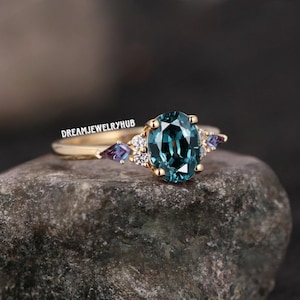 Vintage Petrol Saphir Verlobungsring Einzigartige Oval Solid 14k Gold Ring Blau Grün Saphir Ring Diamant Hochzeit Versprechen Ring Jubiläum Ring