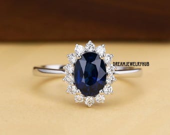 Ovale, lab gemaakte saffier 14k massief gouden verlovingsringen voor vrouwen blauwe edelsteen ring prinses Diana ring september geboortesteen belofte ring