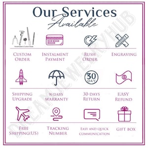 May include: A graphic with icons representing various services offered by a jewelry business. The services include custom orders, installment payments, rush orders, engraving, shipping upgrades, a 90-day warranty, 30-day returns, easy refunds, free shipping within the US, tracking numbers, easy and quick communication, and gift boxes.