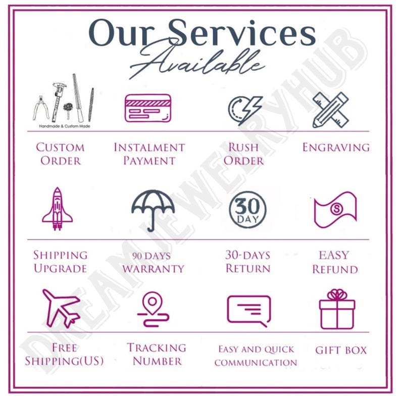 May include: A graphic with icons representing various services offered by a jewelry business. The services include custom orders, installment payments, rush orders, engraving, shipping upgrades, a 90-day warranty, 30-day returns, easy refunds, free shipping within the US, tracking numbers, easy and quick communication, and gift boxes.