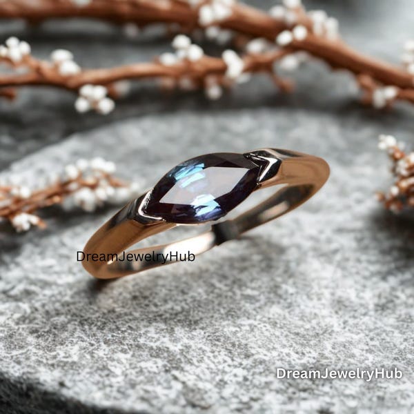 Marquise Cut Alexandrite Solitaire Ring 925 Sterling Silver East to West Bezel Setting June Birthstone Jewelry