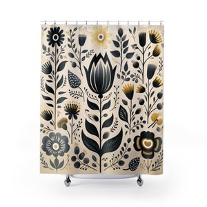 Scandinavian Black and Cream Floral Shower Curtain | Modern Botanical Bath Decor | Black and Gold Flowers | Minimalist Bathroom Accessory