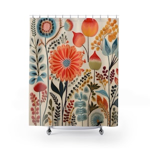 Scandinavian Kurbits Cream Orange and Blue Flower Shower Curtain | Bright Boho Floral Print | Traditional Folk Art Design | Bathroom Decor