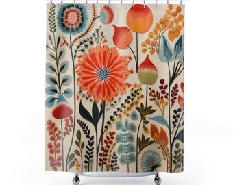 Scandinavian Kurbits Cream Orange and Blue Flower Shower Curtain | Bright Boho Floral Print | Traditional Folk Art Design | Bathroom Decor