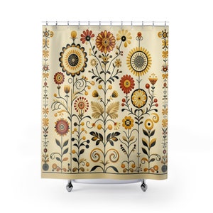 Scandinavian "Golden Garden" Folk Art Floral Shower Curtain | Gold Rust Cream Flowers Bath Curtain | Modern Botanical Bath | Boho Minimalist