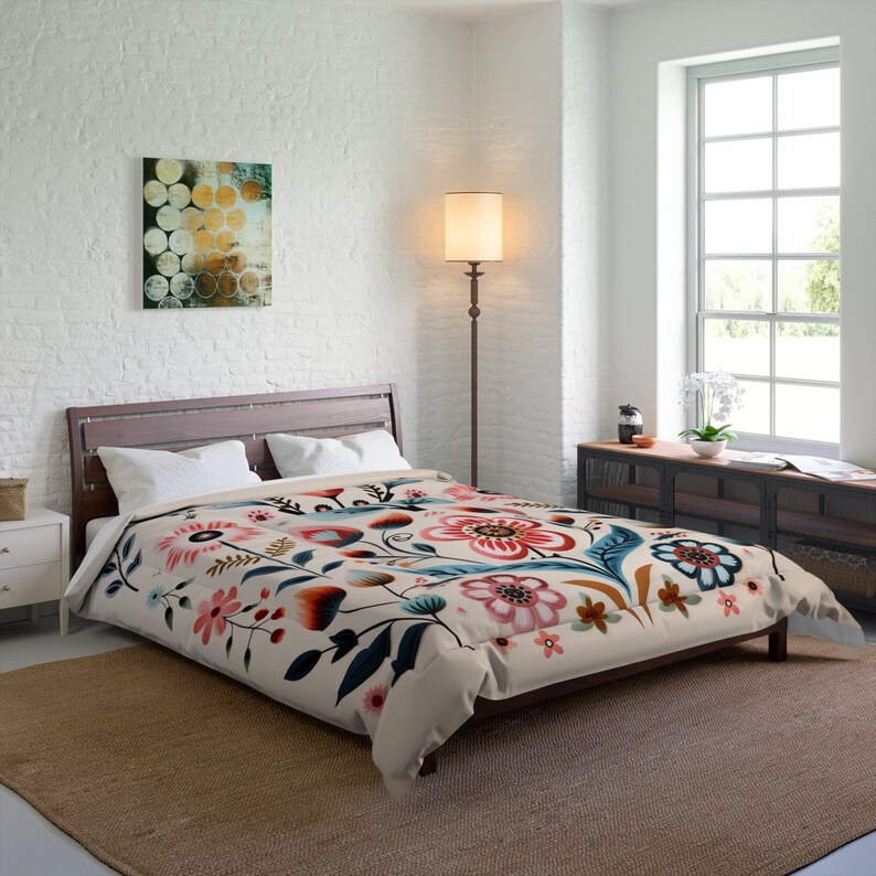 Scandinavian floral Symphony Pink Blue Tulip Floral Comforter Boho Folk