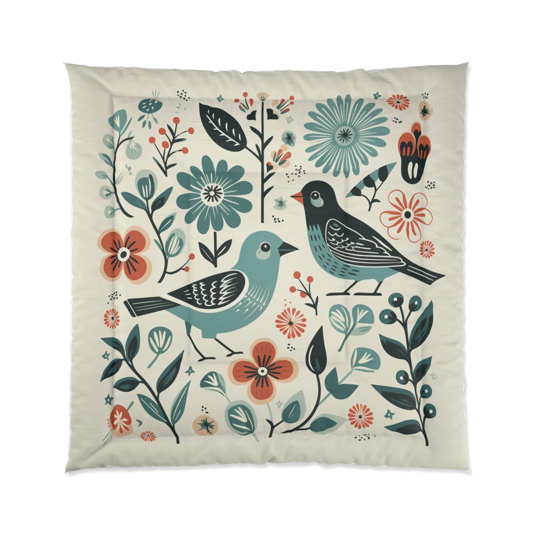 Scandinavian Bluebird Floral Comforter Blue Green Boho Folk Art Flower